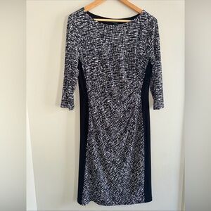 Lauren Ralph Lauren Dress Womens 12 Black White Side Ruched Career Jersey Midi
